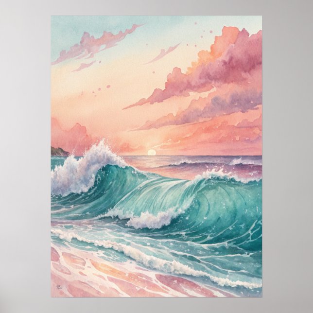Poster Pink Sunset Ocean Waves (Frente)