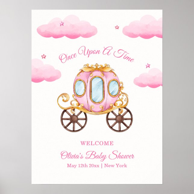 Poster Pink Sweet Princess Carriage Baby Shower Welcome (Frente)