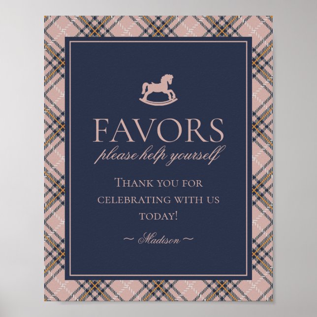 Poster Pink Tartan Plaid Rocking Horse Favors Sign (Frente)