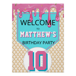 Pôster Pink Turquoise Baseball Drip Birthday Welcome Sign