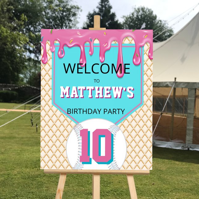 Pôster Pink Turquoise Baseball Drip Birthday Welcome Sign (Baseball Drip Birthday Welcome Sign)