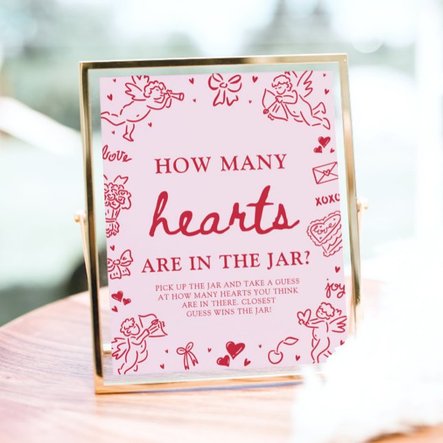 Poster Pink Valentine Guess How Many Hearts Baby Shower  (Pink Valentine Guess How Many Hearts Baby Shower Game Sign)