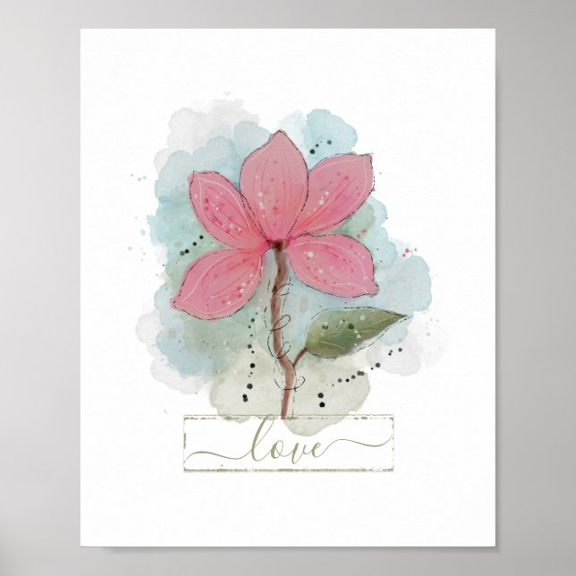 Poster Pink Watercolor Flower Love (Frente)