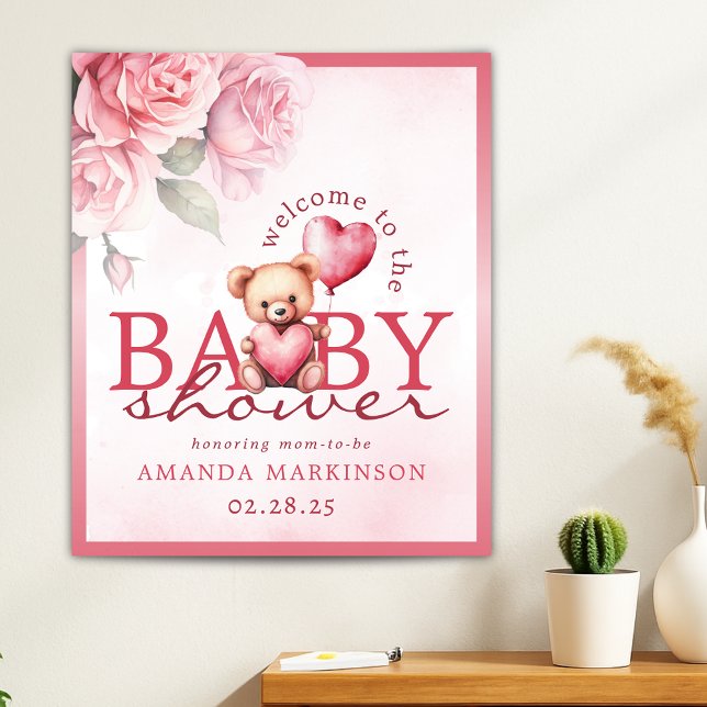 Poster Pink Watercolor Teddy Bear Baby Shower Welcome (Criador carregado)