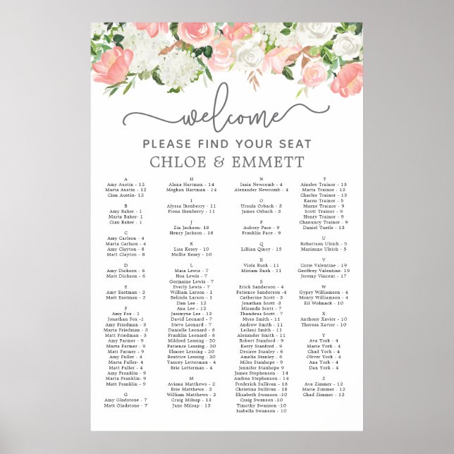 Poster Pink White Floral Alphabetical Wedding Seating (Frente)