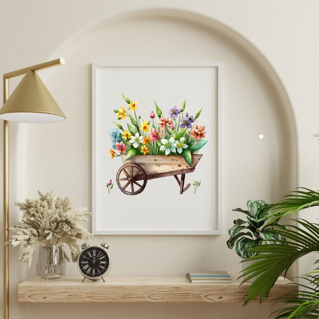 Poster Pink White Yellow Purple Flowers in Wheel Barrel (Yellow White Daffodils Flowers in a Wheel Barrel Wall Art. Digtial Download or Printed)