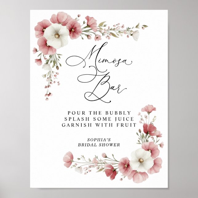 Poster Pink Wild Flowers Bridal Shower Mimosa (Frente)