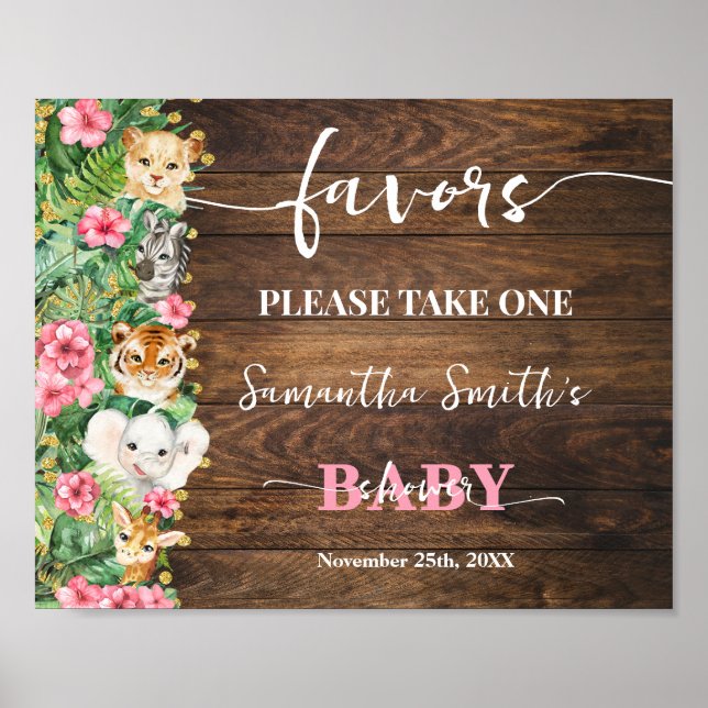 Poster Pink Wild Rustic Safari Animals Favors Baby Shower (Frente)