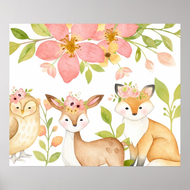 Poster Pink Wild Woodland Animals Botanical (Frente)