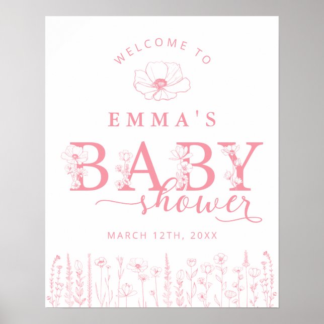 Poster Pink Wildflower Baby Shower Welcome Sign (Frente)