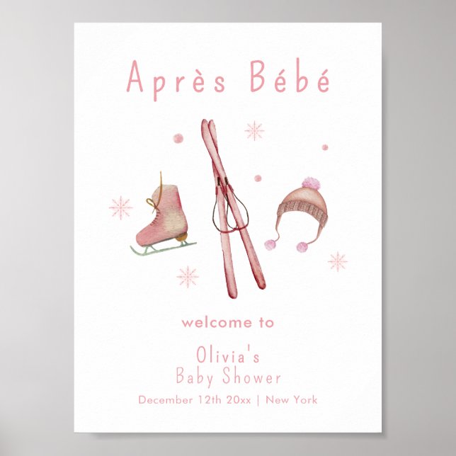 Poster Pink Winter Après Bébé Ski Baby Shower Welcome (Frente)