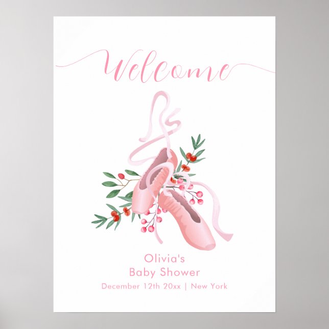 Poster Pink Winter Ballerina Tutu Baby Shower Welcome  (Frente)