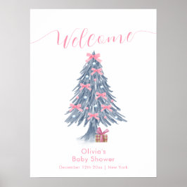 Poster Pink Winter Bow Christmas Tree Baby Shower Welcome