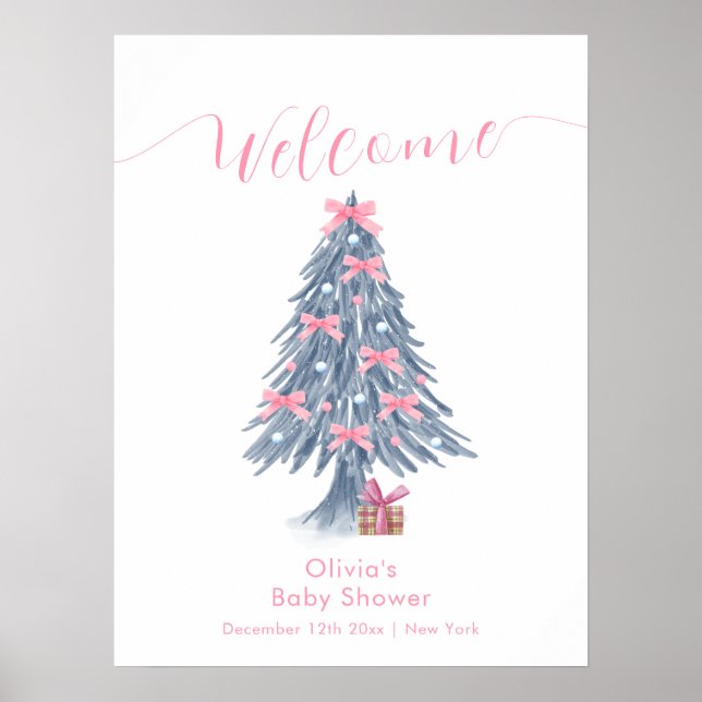 Poster Pink Winter Bow Christmas Tree Baby Shower Welcome (Frente)