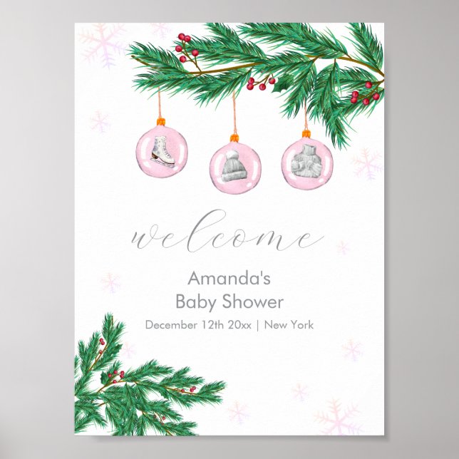Poster Pink Winter Clothes Ornaments Baby Shower Welcome  (Frente)