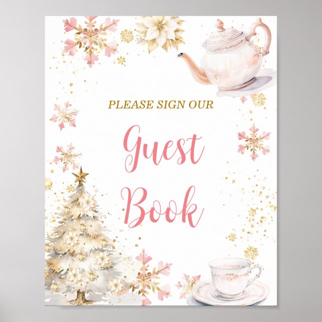 Poster Pink Winter Tea Party Baby Shower Guest Book (Frente)