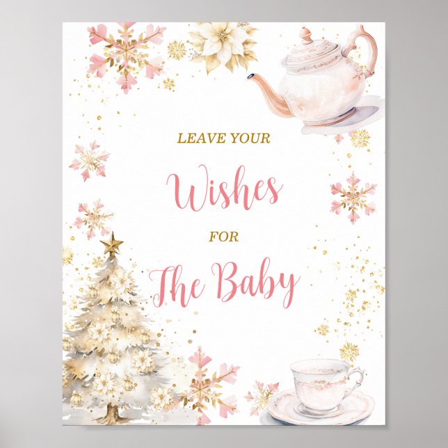 Poster Pink Winter Tea Party Baby Shower Leave Your Wish (Frente)