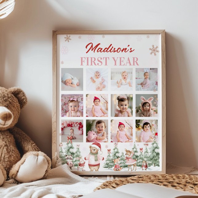 Poster Pink Winter Woodland First Year Photo Milestone (Criador carregado)