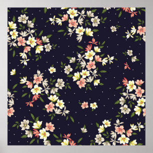 Poster pink yellow and brown small flowers with green lea