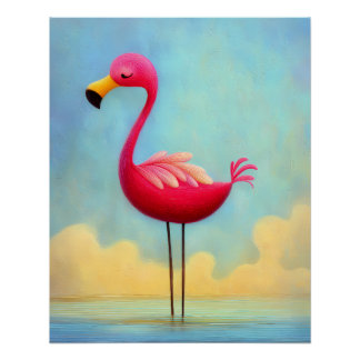 Pôster pinker Flamingo im blauen Wasser - Cartoon Stil