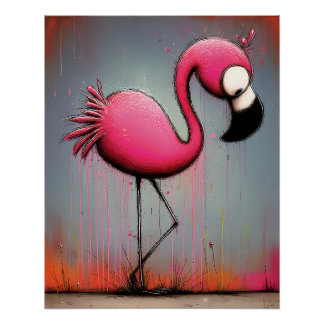 Pôster pinker Flamingo mit großen Augen - Cartoon Stil
