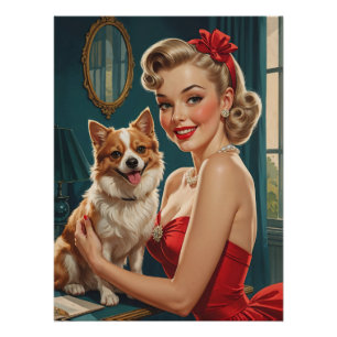 Pôster Pino-up loiro sorridente em vestido vermelho com c