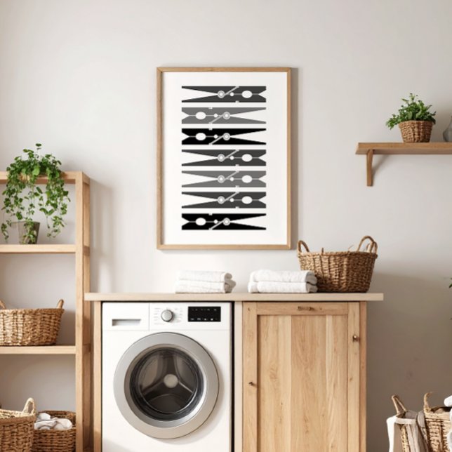Poster Pinos de roupa monocromáticos Lixeira Sala de roup (monochromatic black, gray and white modern graphic clothes pins art for a fun laundry room)