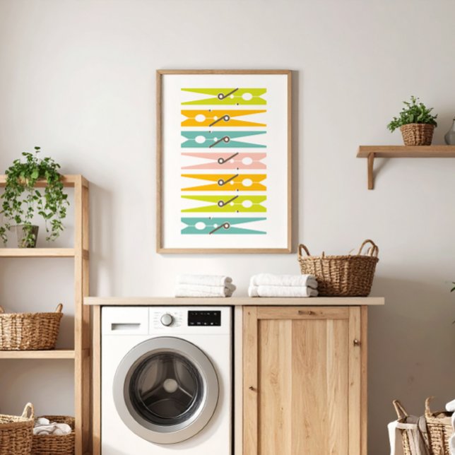 Poster Pinos De Roupas Arte Da Sala De Lavagem De Cor Ret (fun colorful modern clothes pin art to brighten up the laundry room )