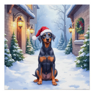 Pôster Pinscher Alemão com Chapéu de Papai Noel no Pátio