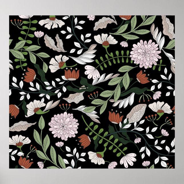 Poster Pintadas Mãos Antigas Flores De Engrenagem (Frente)