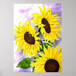 Poster pintado à mão 3 girassóis amarelos aquarela