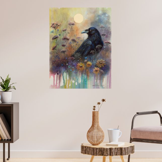 Poster Pintado à Mão Raven com Flores Selvagens (Sala de Estar 3)