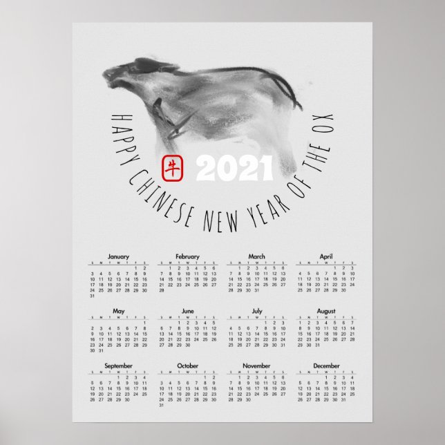 Poster Pintando OX Chinês Ano Novo 2021 Calendário P (Frente)