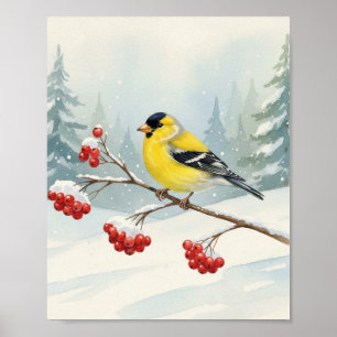 Poster Pintassilgo Dourado em Aquarela sobre Baga Nevada