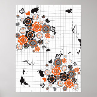 Pôster Pintinhos de Flores Laranja Grunge Tintas Escadas