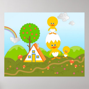 Pôster Pintinhos e árvore alaranjada