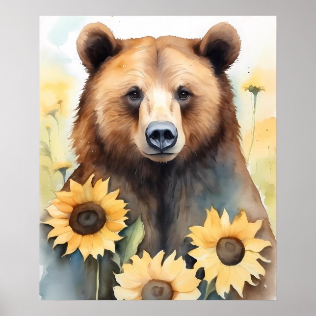 Poster Pintor De Aquarelas Urso Castanho E Girassóis (Frente)
