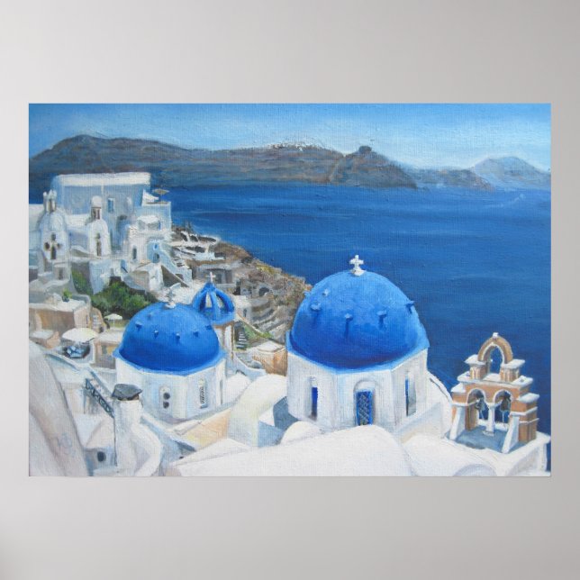 Pôster Pintor de óleo da igreja azul Santorini Oia (Frente)