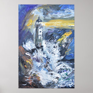 Poster Pintura a Acrílico Impasto de Farol em Mar Tempest