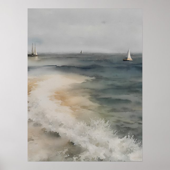 Poster Pintura a aquarela costeira com veleiros - vinheta (Frente)