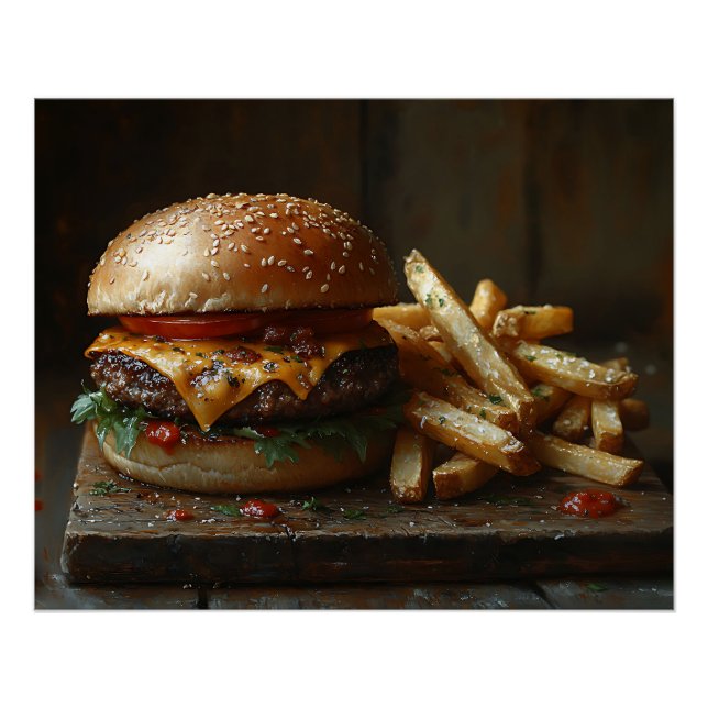 Pôster Pintura a Cheeseburger e Fritas de Alho (Frente)