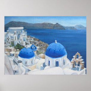 Pôster Pintura a óleo azul da igreja de Santorini Oia