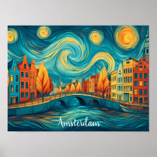 Poster Pintura a óleo colorida do canal Holanda Amsterdã