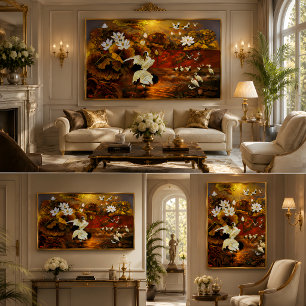 Poster Pintura a Óleo da Volta das Grous Lótus Dourado