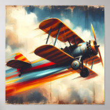 Pintura a Óleo de Biplano Vintage Retro