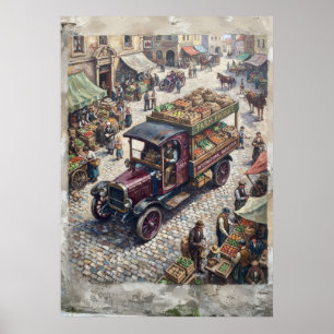 Poster Pintura a Óleo de Caminhão de Produtos em Mercado