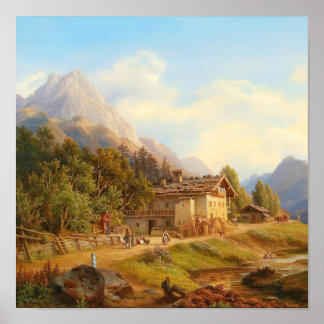 Poster Pintura a Óleo de Chalé Alpino Vintage