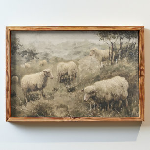 Poster pintura a óleo de grupo de pastoreio de ovinos num