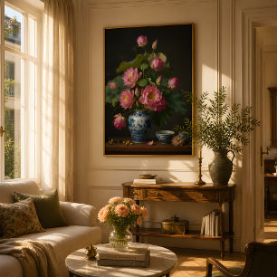 Poster Pintura a óleo de lótus rosa elegante em um vaso a