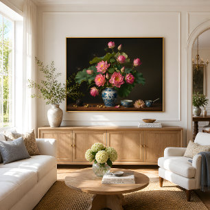 Poster Pintura a óleo de Lótus Rosa Elegante num Vaso Azu